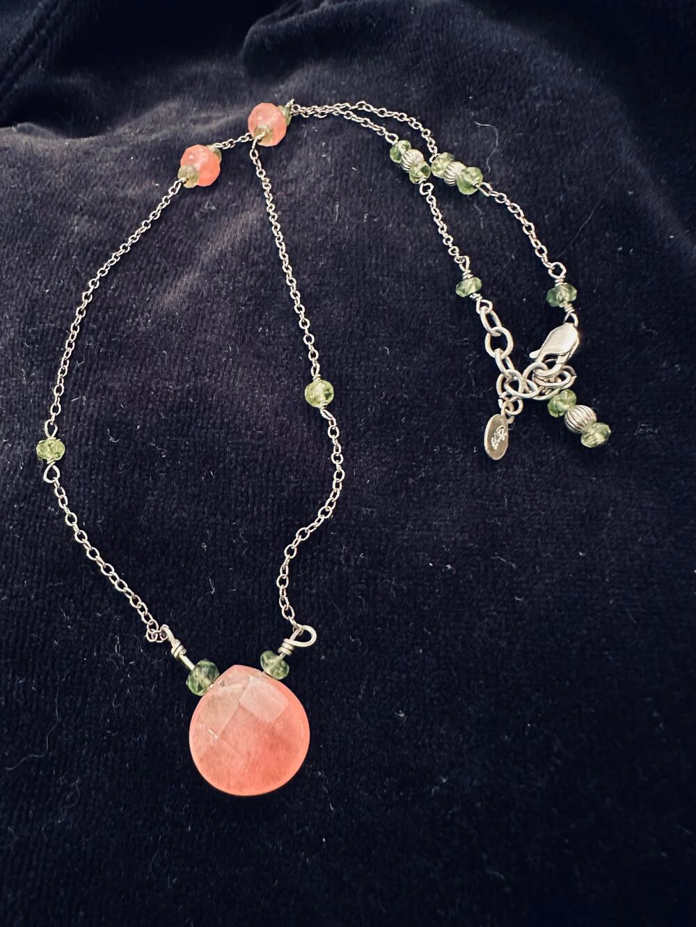 VINTAGE NEW PINK CHALCEDONY GREEN AMETHYST STERLING SILVER BRIOLETTE NECKLACE